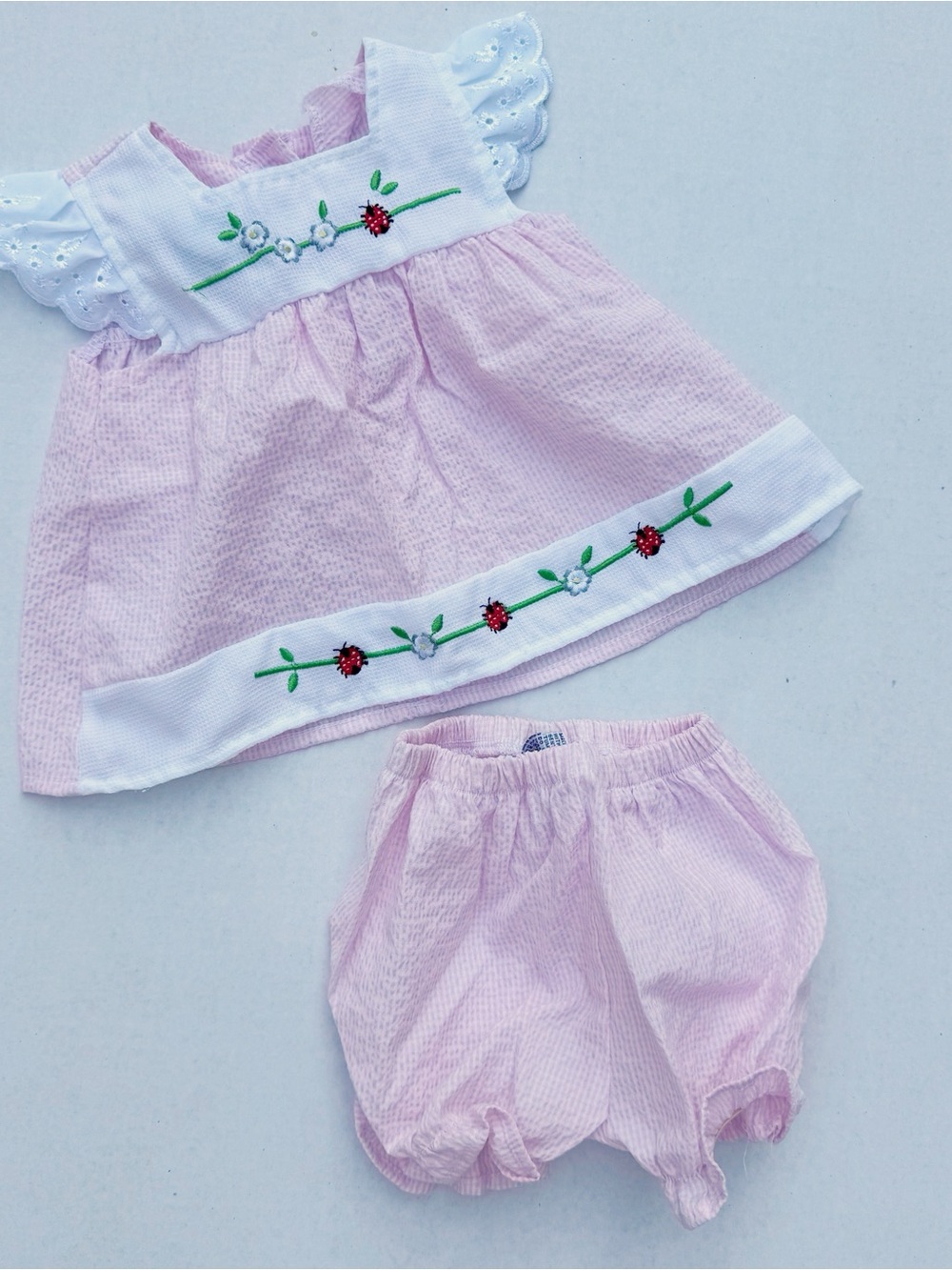 Vintage Baby Paris Pink Seersucker Ladybug Bloomer Set 3-6M USA